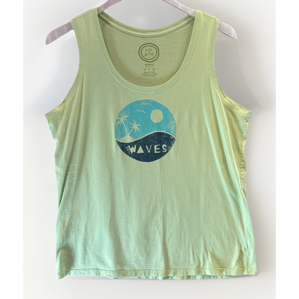Life Is Good Lite Green Tank, Graphic Says"I Like Waves"., Size L, Coastal Core